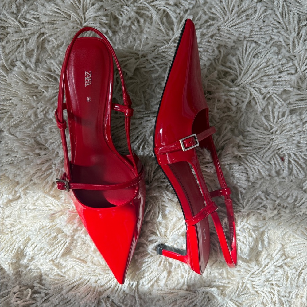 Zara Red Patent Pointed Slingback Heels